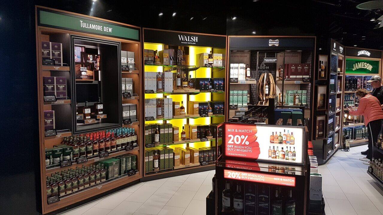 Whiskey wall bays in an airport duty free store