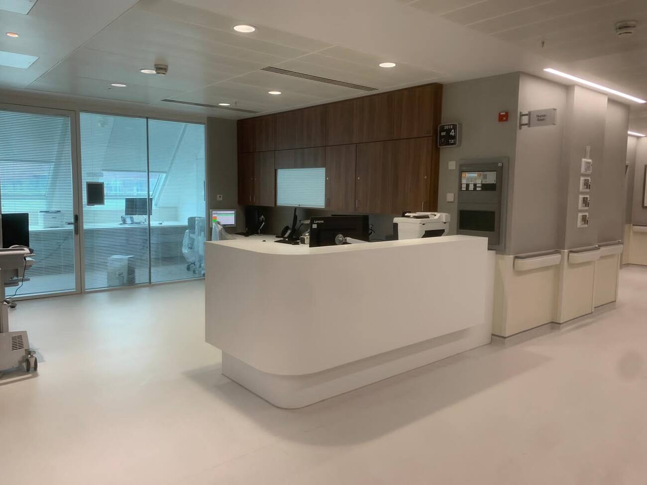 Staff base desk in a clinical corridor