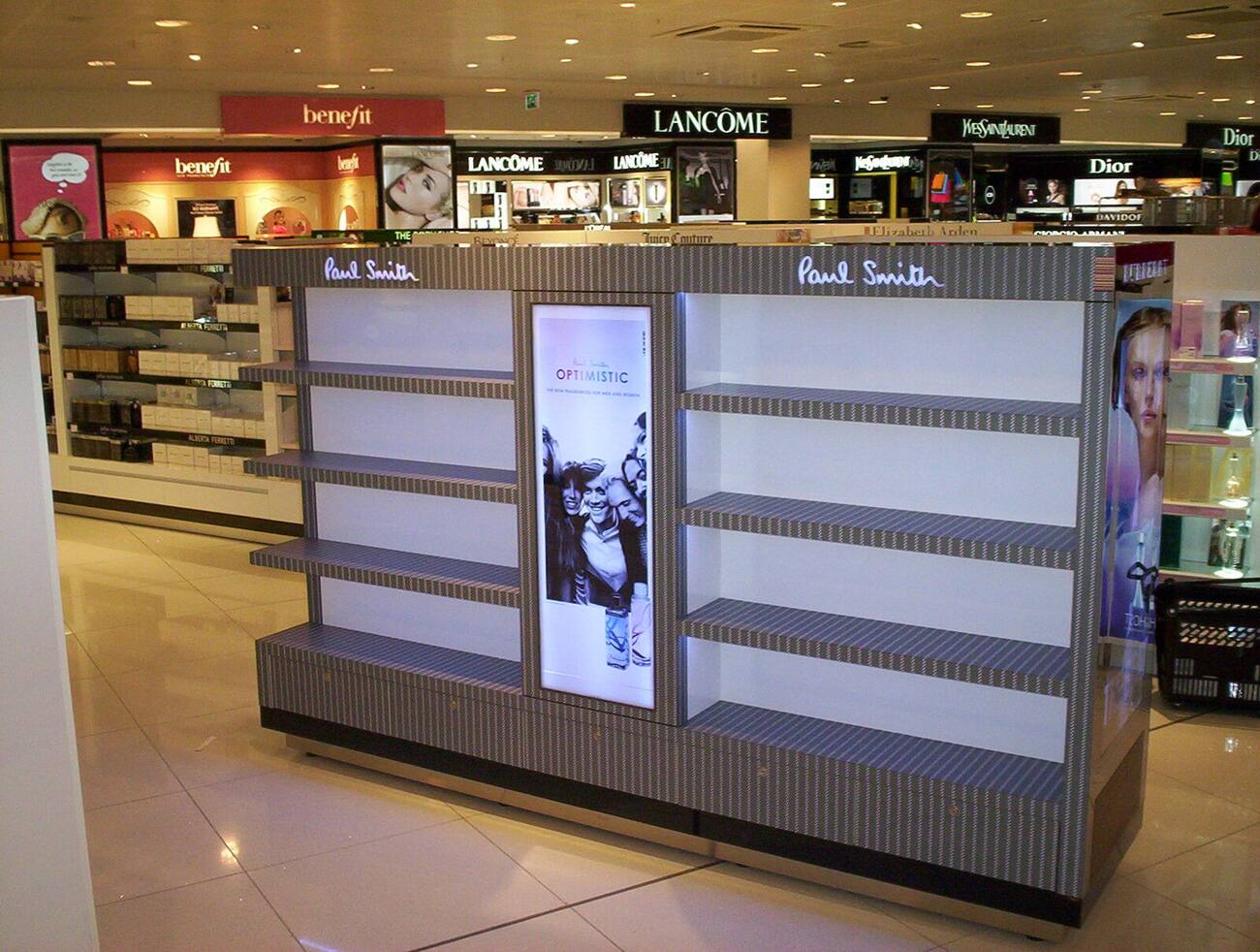 Paul Smith fragrance display gondola in a beauty hall