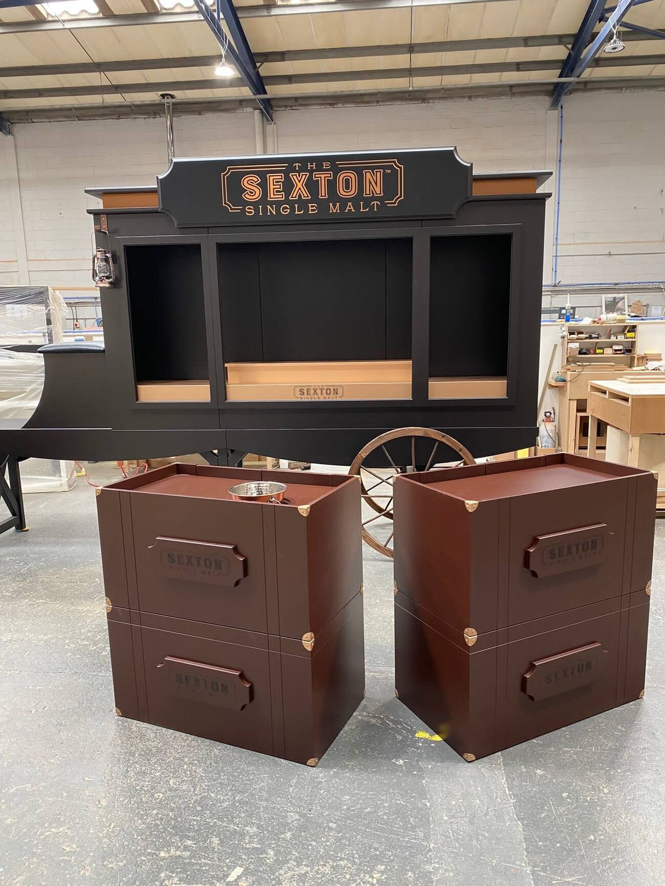 The Sexton whiskey carriage display unit in the workshop